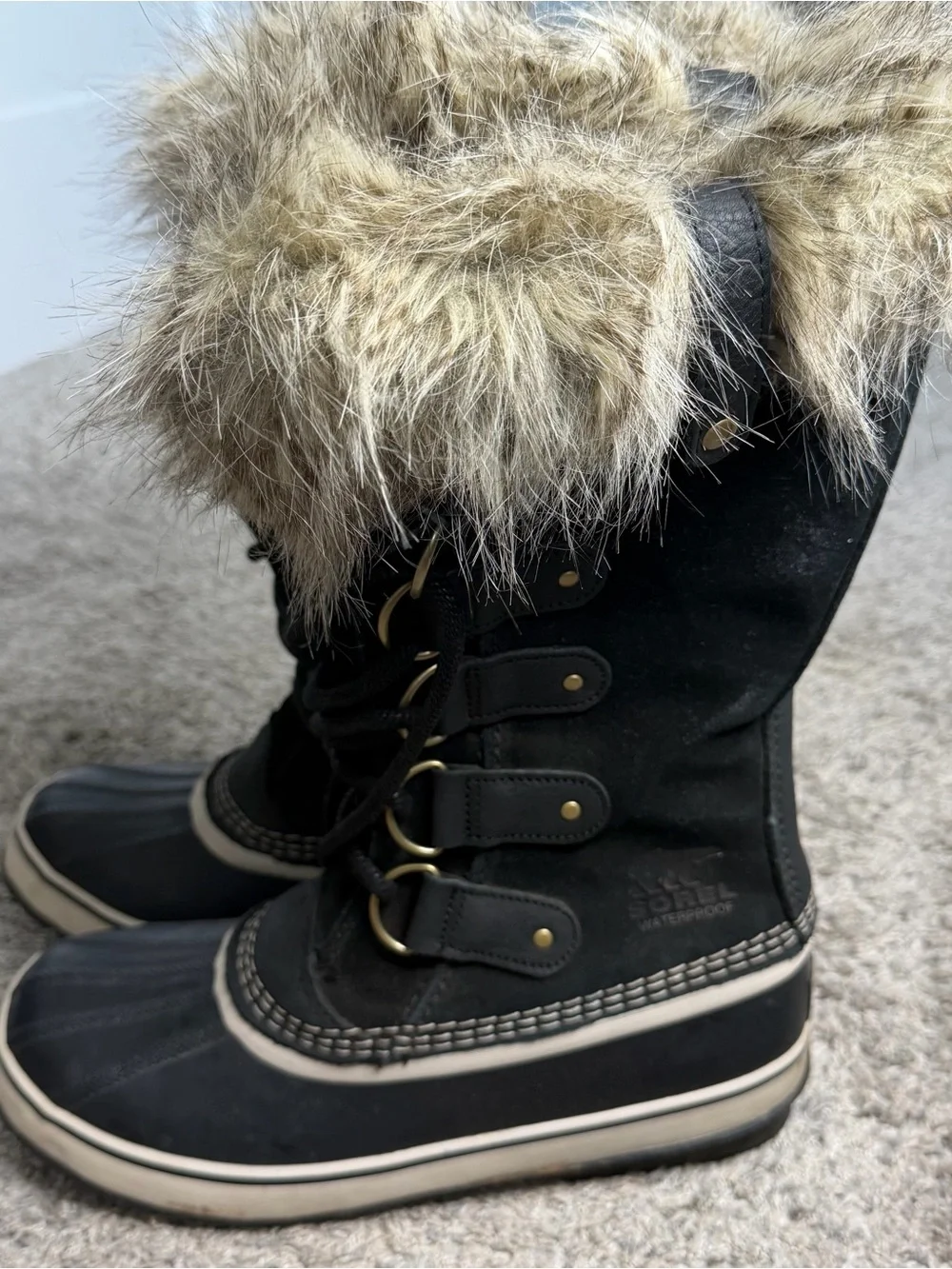 SOREL Joan of Arctic Waterproof Winter Boots 10.5 black tall fur lined lace up